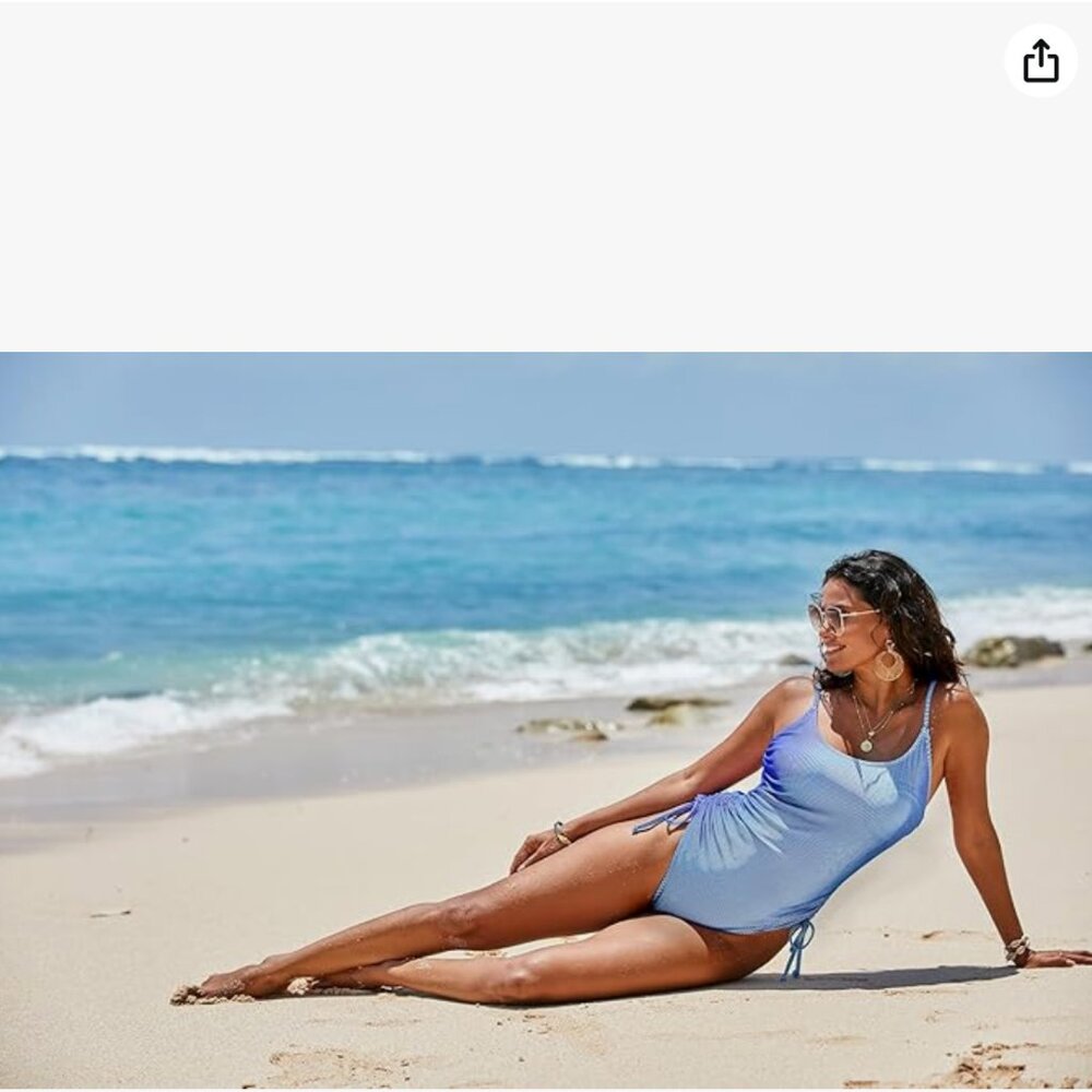 Women's Ruched blue Drawstring One Piece Swimsuit Tummy Control - Picture 5 of 5